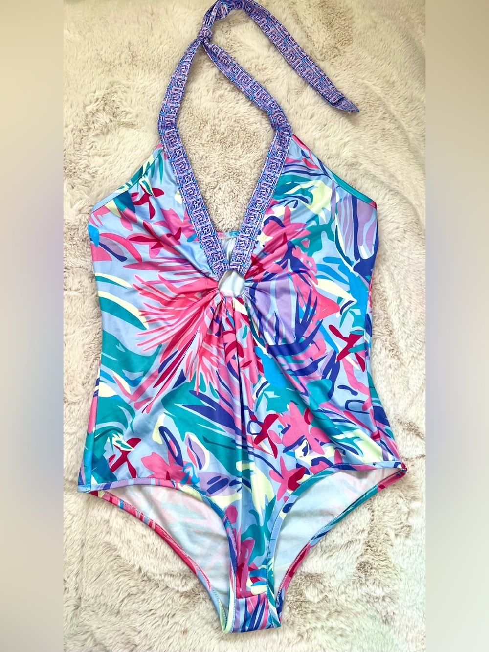 Vibrant Tropical Floral Halter One Piece Swimsuit Ring Front Pink Blue